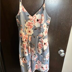 Floral Spaghetti Strap Formal Dress - Blue and Pink